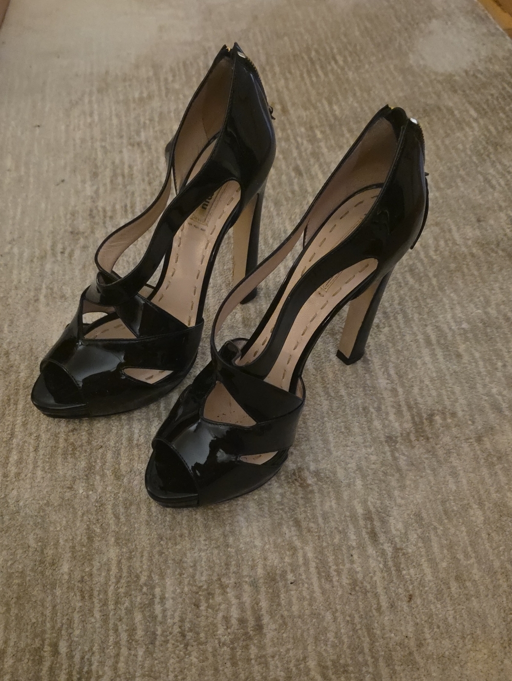 Miu Miu Black Patent Leather Cutout Peep-Toe Heels